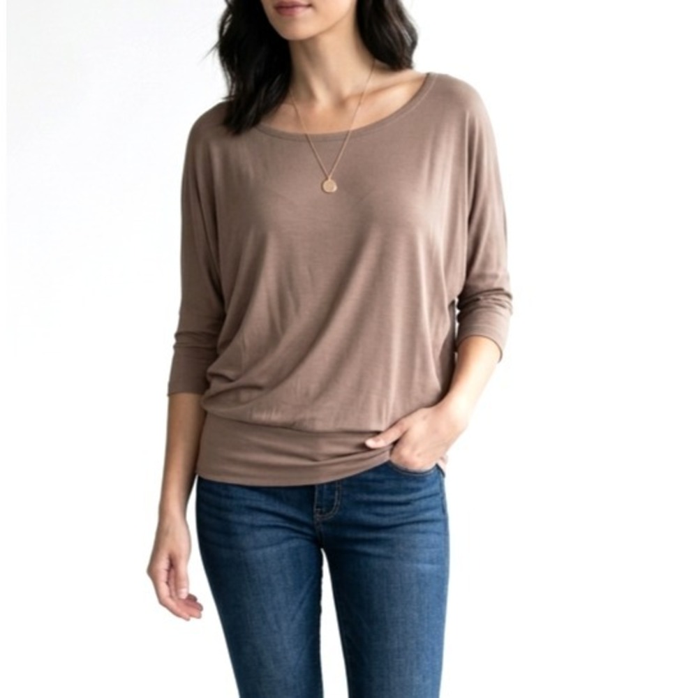 Simlu Dolman Sleeve Blouse Top Womens XL‎ Brown Stretch Banded Waist Classic